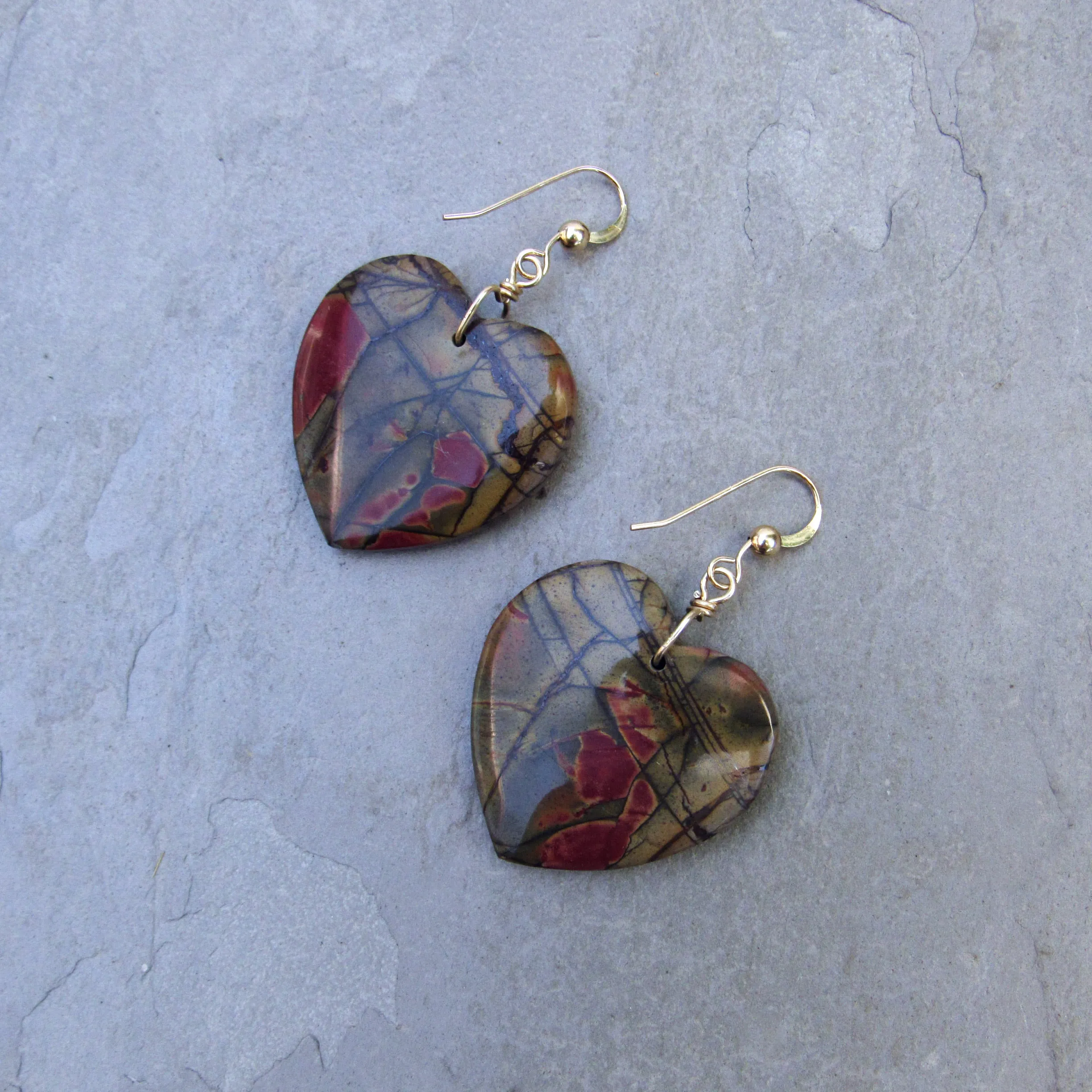 Picasso Jasper gemstone Heart Earrings with 14 Kt GF ear wire