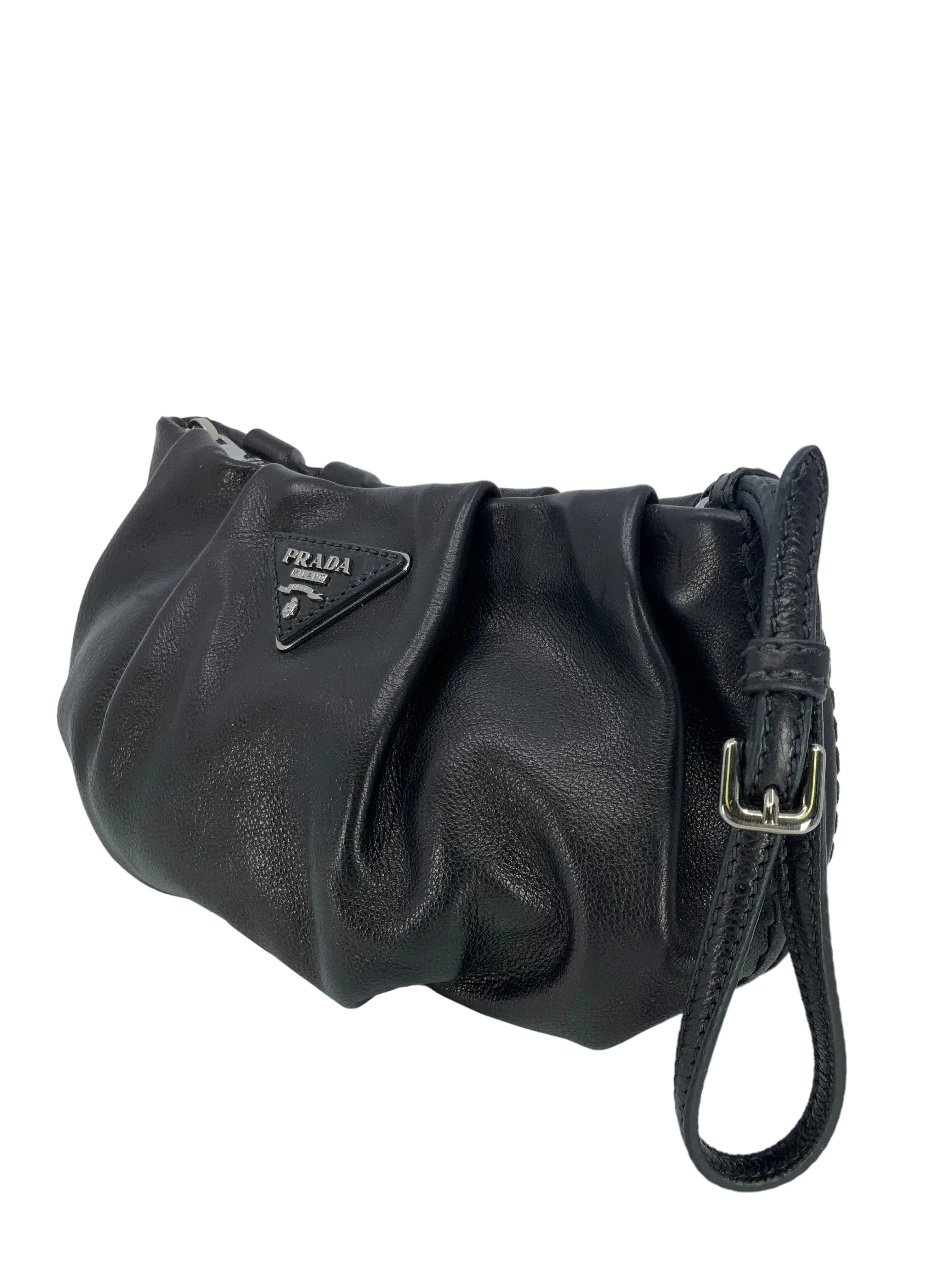 Prada Zip-Top Pleated Leather Wristlet