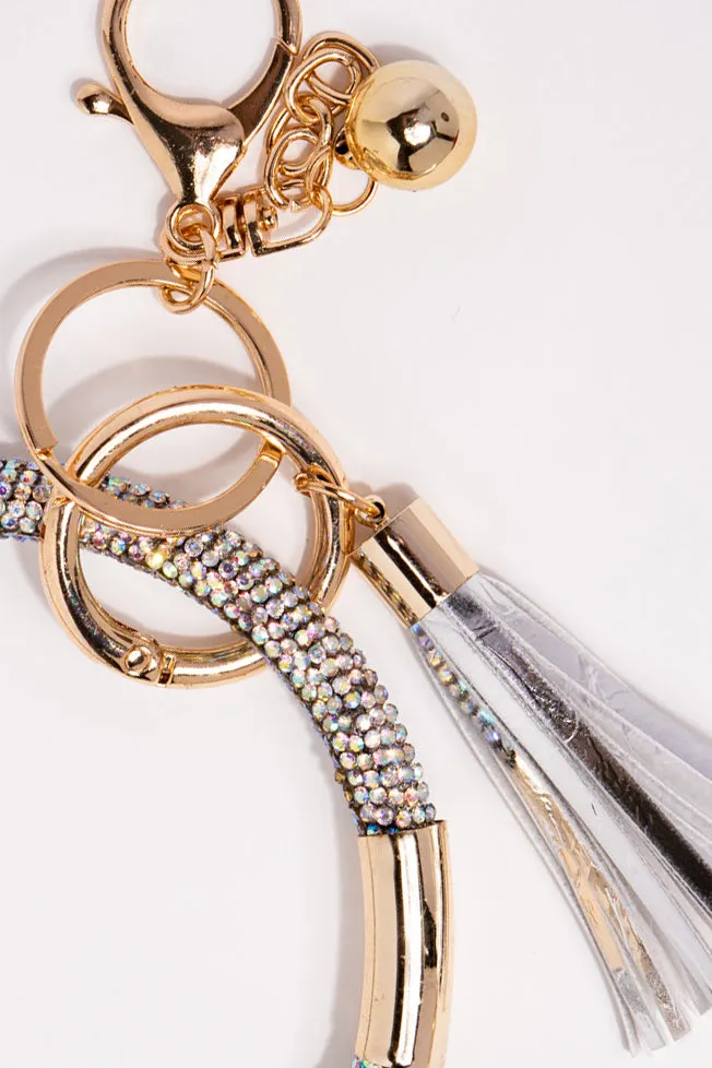 Rhinestone Wristlet Keyring Keychain with Tassel- Iridescent