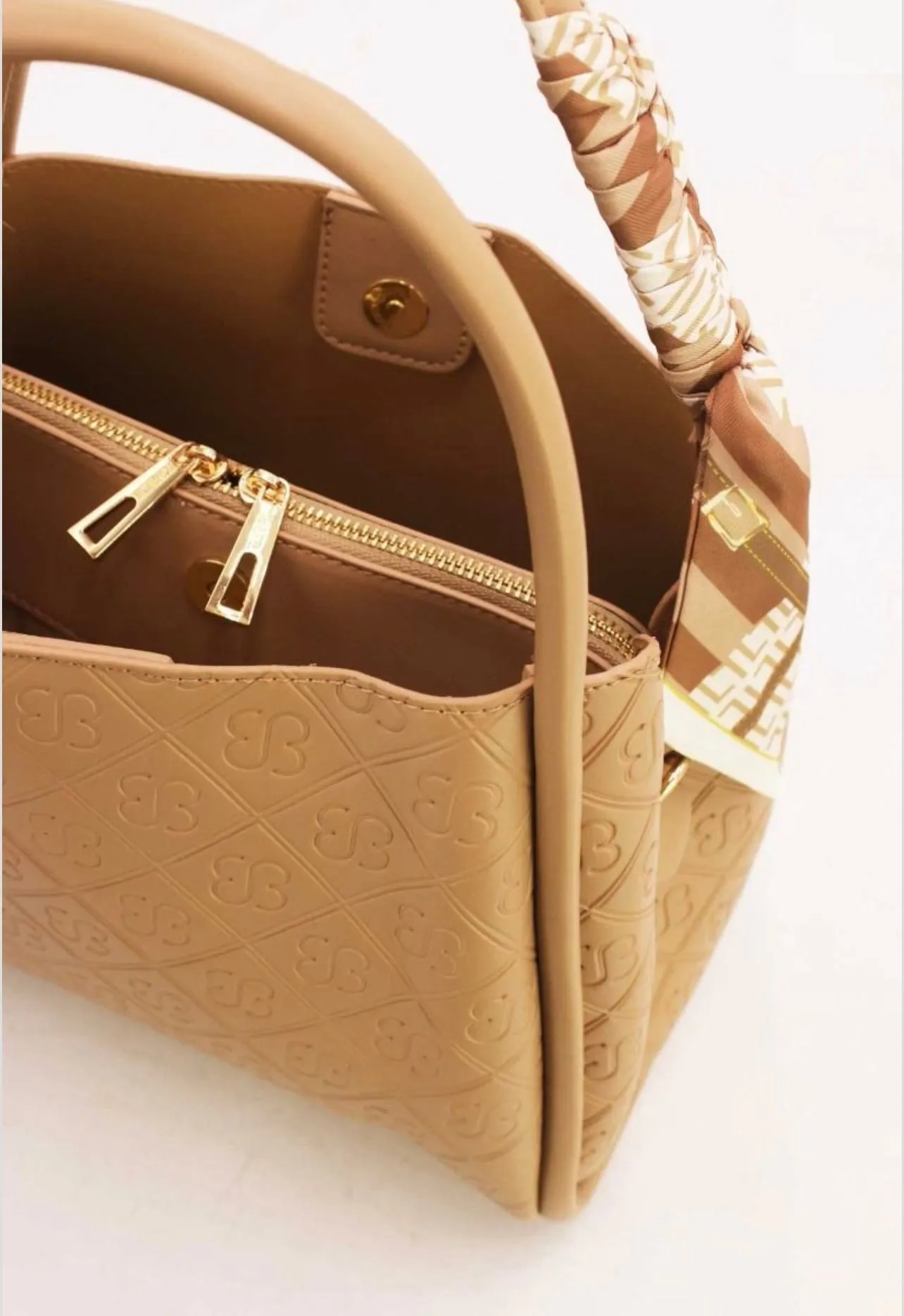 Sophie - Light Camel Embossed Logo Scarf Handle Bag