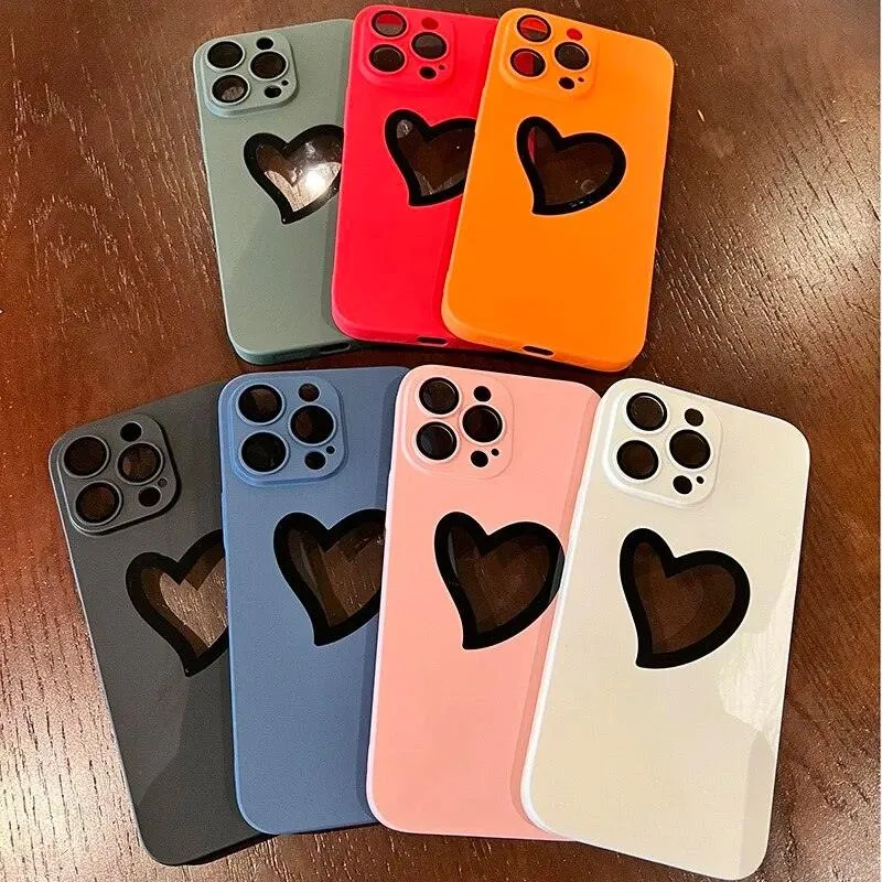 Ultra-Thin Cute Heart Hollow Phone Case for iPhone 14, 13, 12, 11 Pro Max, 14 Plus, and 11 with Matte Lens Film